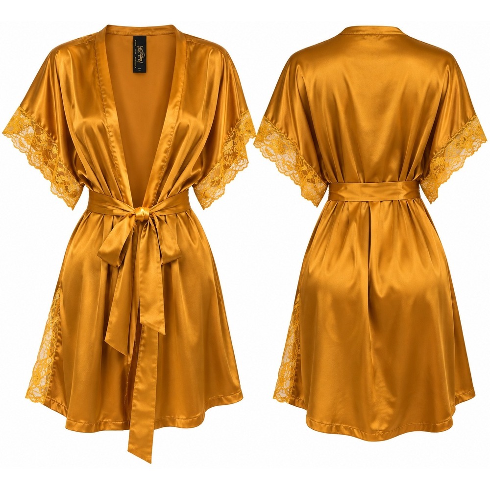 Just Sexy Lingerie Robe One Size Gold Satin Lace Trim Kimono Short Dressing Gown